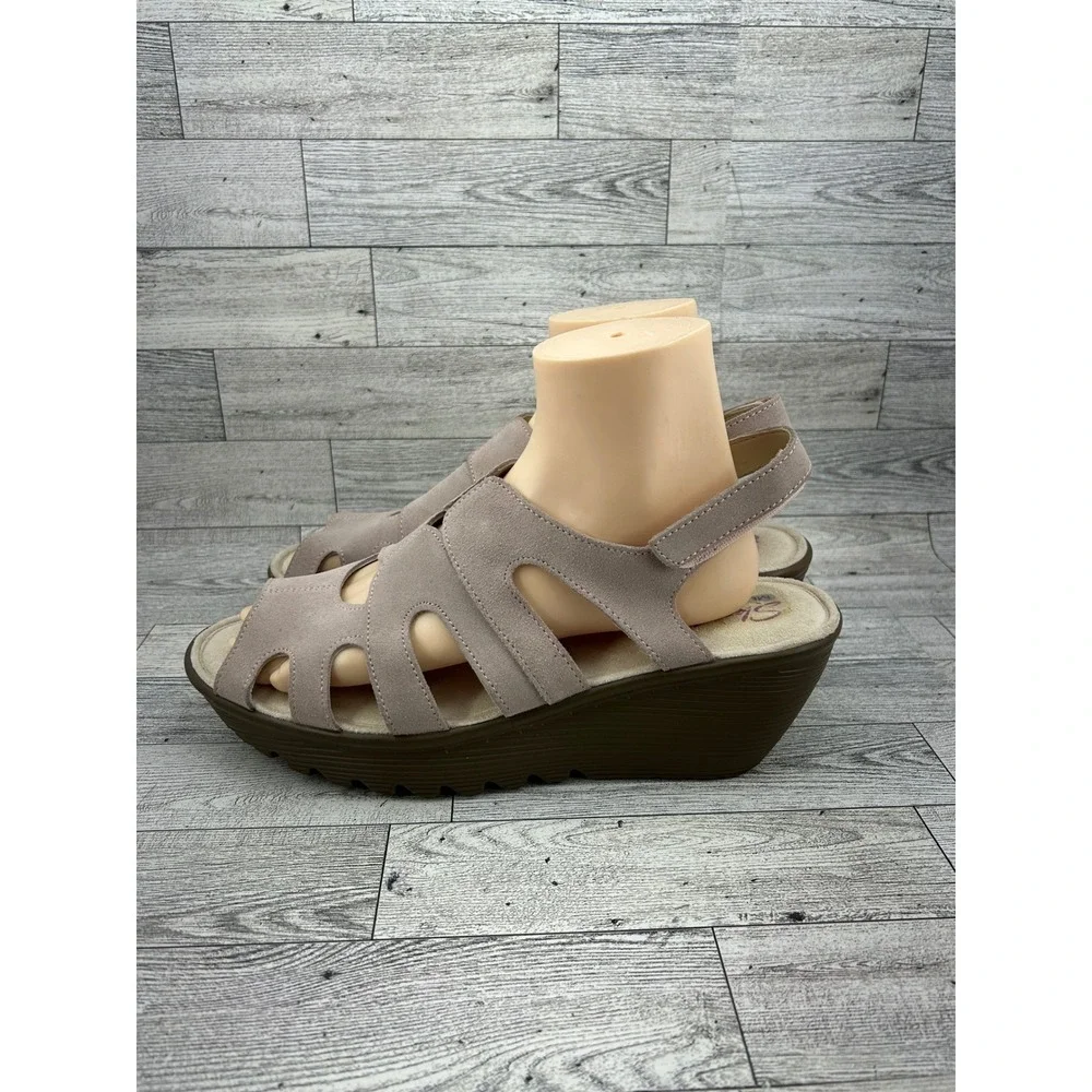 Skechers Rumblers Women Sz 9.5 Taupe Suede Memory Foam Wedge Slingback Sandals